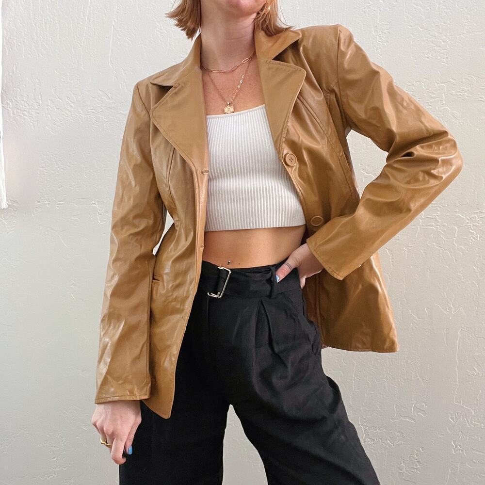 Vintage Y2K Tan Faux Leather Blazer Style Fitted Button Up Jacket